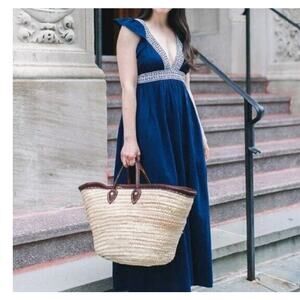 J Crew Sz XS Ruffle Halter Dress Navy Linen Maxi Preppy Boho Prairie Vacation